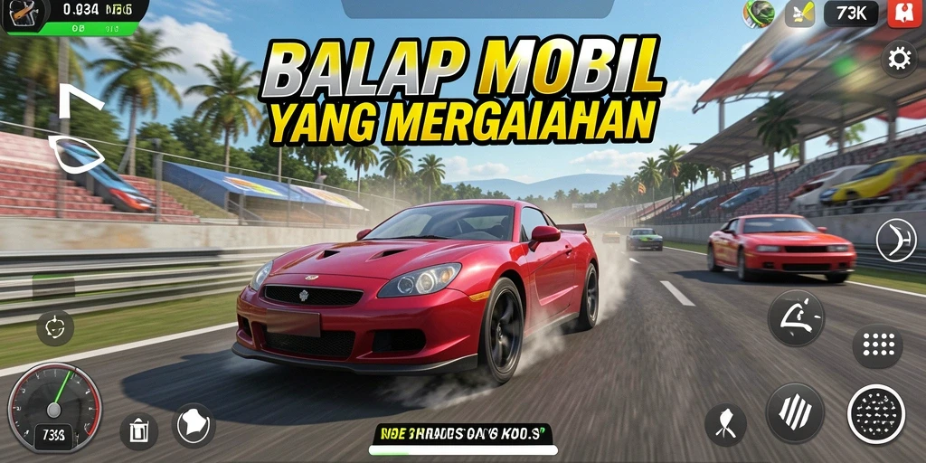 Screenshot 73K menampilkan aksi balap yang mendebarkan dan mobil berkilau.