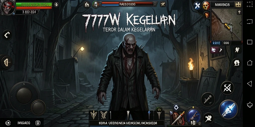 Tampilan gameplay <strong>7777W</strong> dengan atmosfer yang mencekam dan karakter menyeramkan.