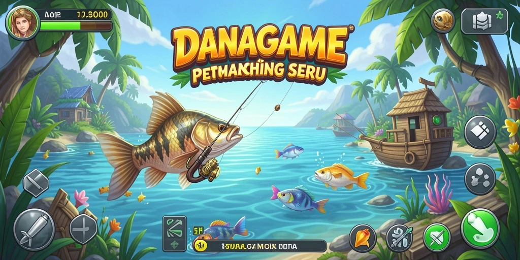 Screenshot gameplay DANAGAME yang menunjukkan aksi memancing seru.