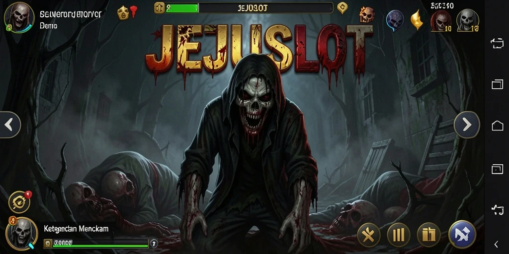 Tangkapan layar gameplay JEJUSLOT yang menampilkan ketegangan dalam suasana gelap.