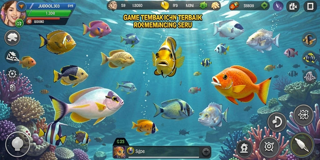 Screenshot gameplay JUDOL303 menunjukkan saat menembak ikan di lautan.