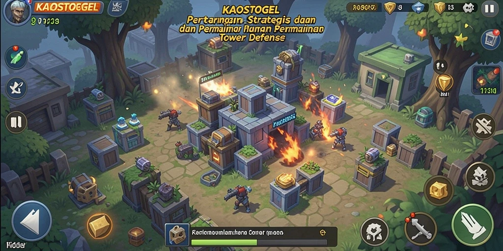 Tangkapan layar gameplay KAOSTOGEL menampilkan serangan menara yang strategis.