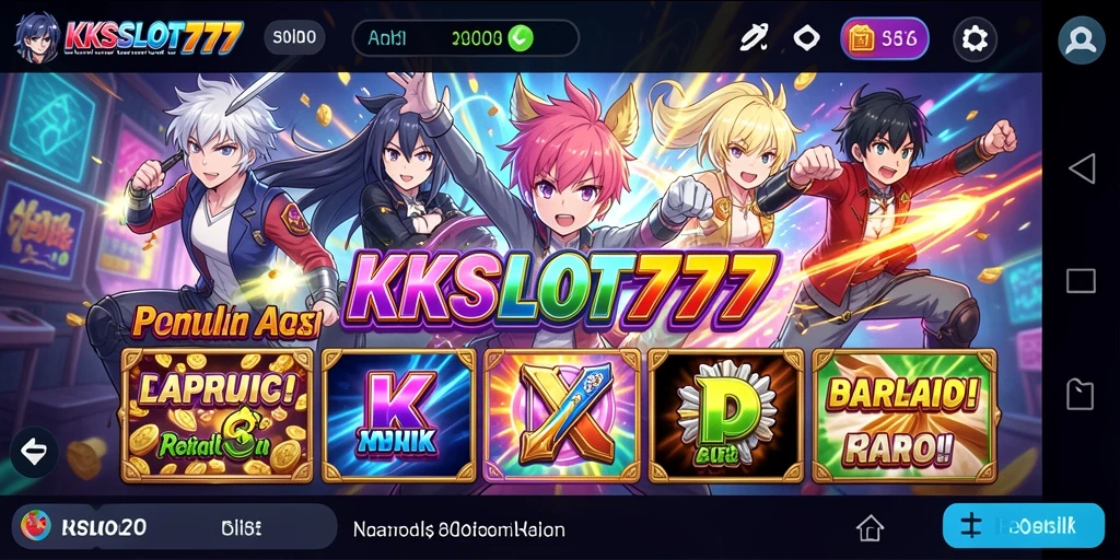 Screenshot gameplay KKSLOT777 menampilkan karakter anime yang menarik dan slot berwarna cerah.
