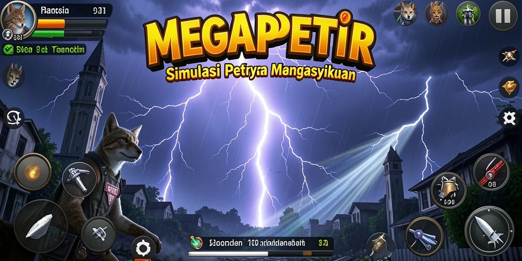 Tampilan gameplay MEGAPETIR yang menakjubkan dengan efek petir yang kuat.