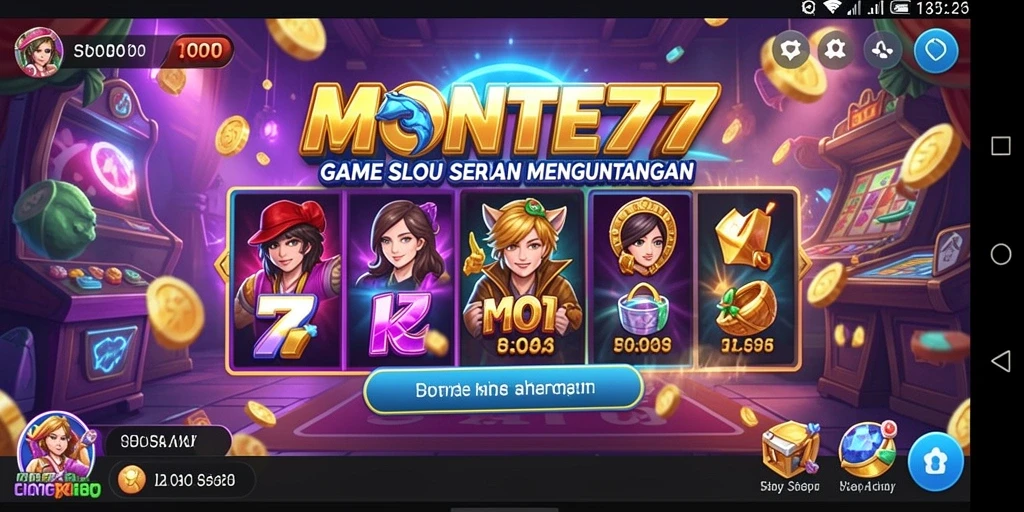 Tampilan gameplay seru MONTE77 dengan berbagai simbol slot.