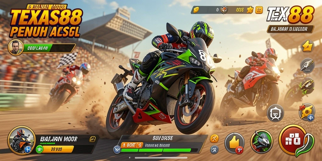 Tampilan gameplay seru di TEXAS88 saat balapan motor.