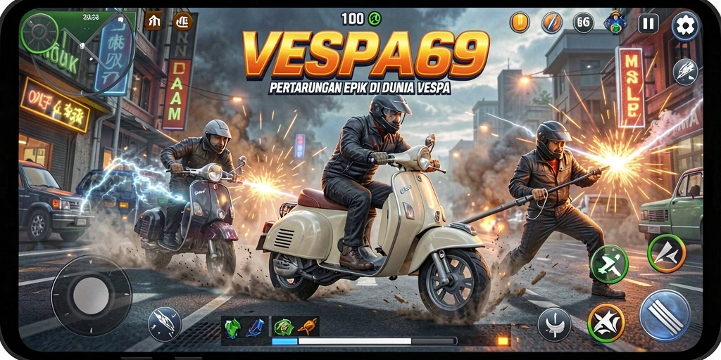 Tampilan gameplay VESPA69 yang penuh aksi dan pertarungan seru.