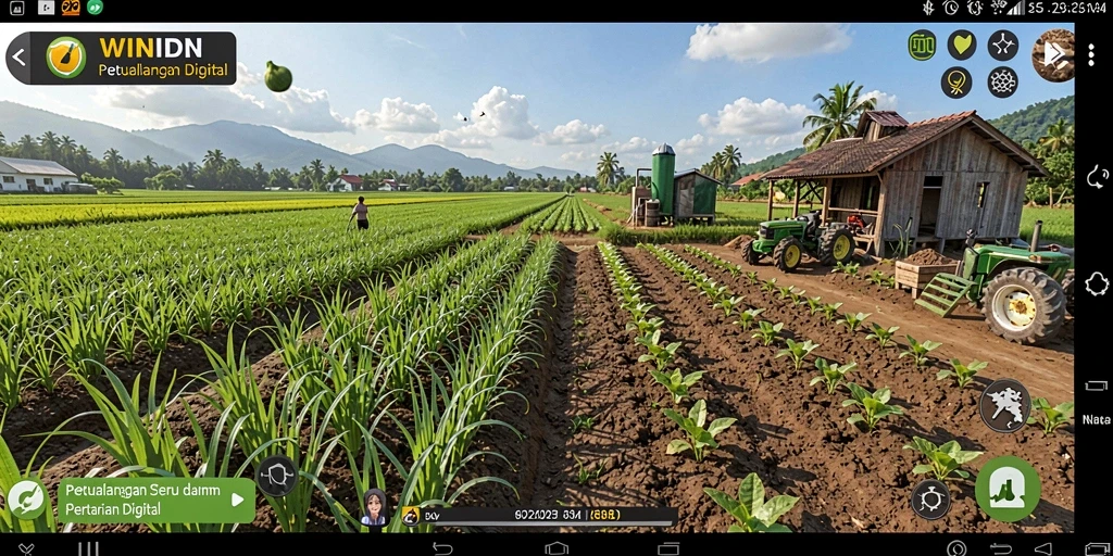 Tampilan gameplay WINIDN yang menampilkan ladang yang subur dan aktifitas bercocok tanam.