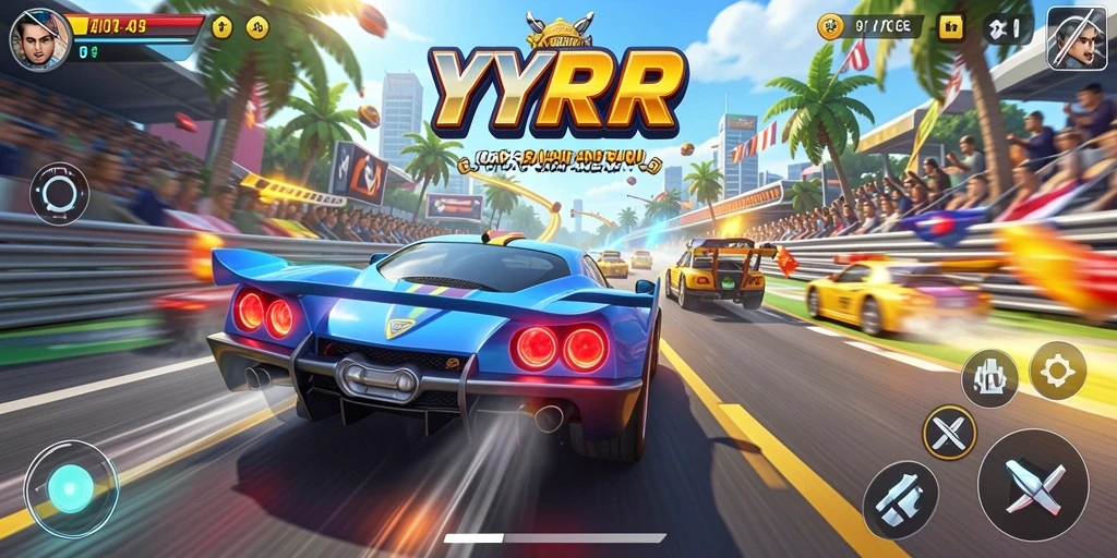 Screenshot gameplay YYRR menampilkan aksi balapan yang intens dan menegangkan.